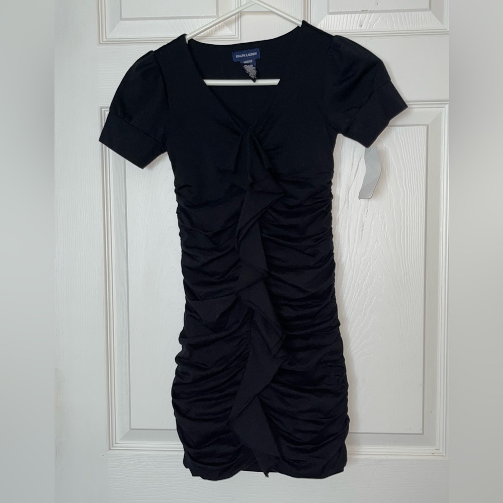 NWT Girls Black Ruched Ruffle Ralph Lauren Dress M 8-10